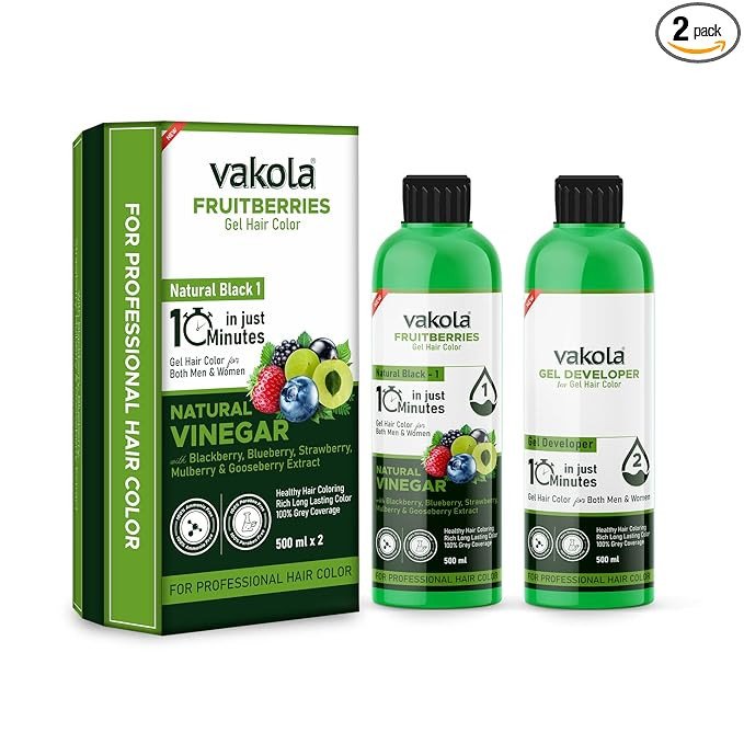 Vakola Fruitberries Natural Black Long Lasting Natural Fruit Vinegar Professional Gel hair Color for Both Men & Women (500ml x 2(Black Gel Hair Color & Developer))